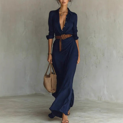 Robe Chemise Longue Élégante à Ceinture
