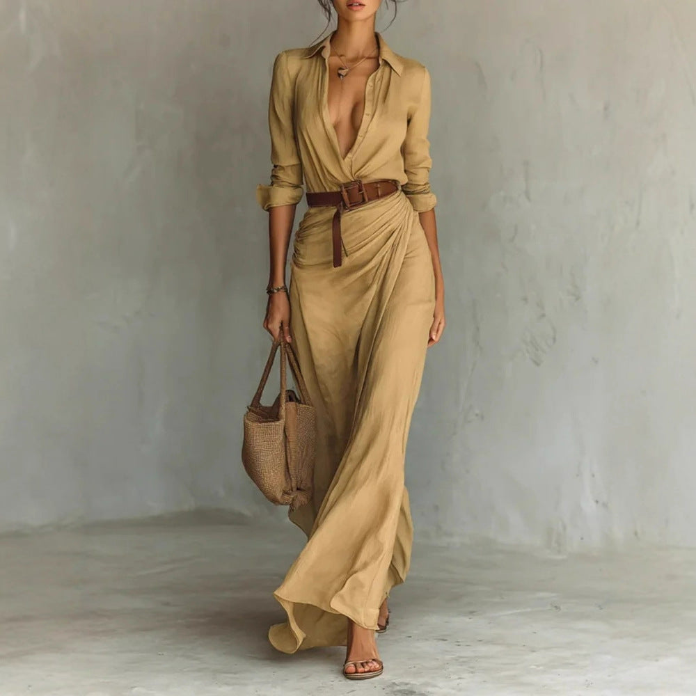 Robe Chemise Longue Élégante à Ceinture