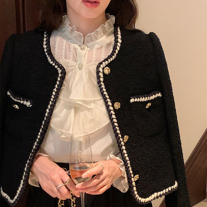 Veste en Tweed Structurée à Finitions Ornée