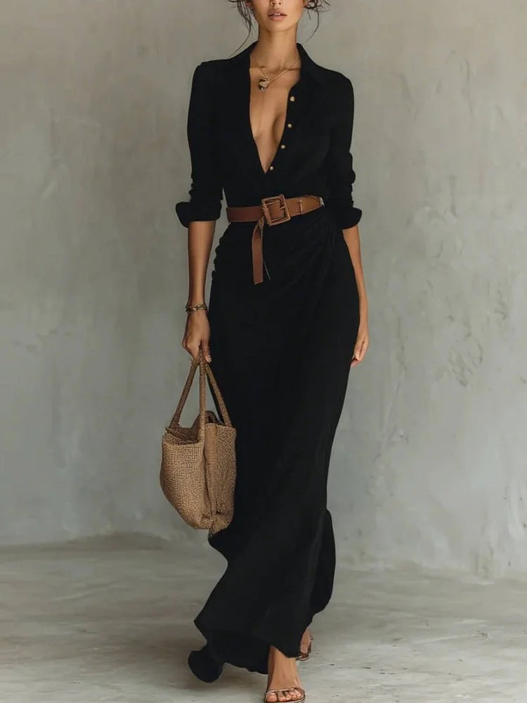 Robe Chemise Longue Élégante à Ceinture